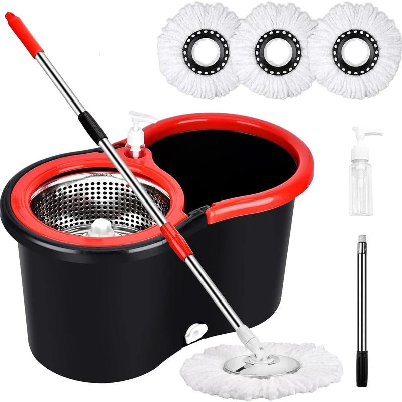 Colorful 360 Spin Mop Bucket Set Wringer System with 3 Microfiber Refills and Stainless Steel Extendable Pole - Plastic Bucket