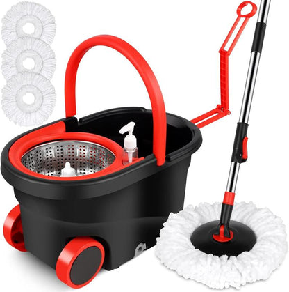 Colorful 360 Spin Mop Bucket Set Wringer System with 3 Microfiber Refills and Stainless Steel Extendable Pole - Plastic Bucket