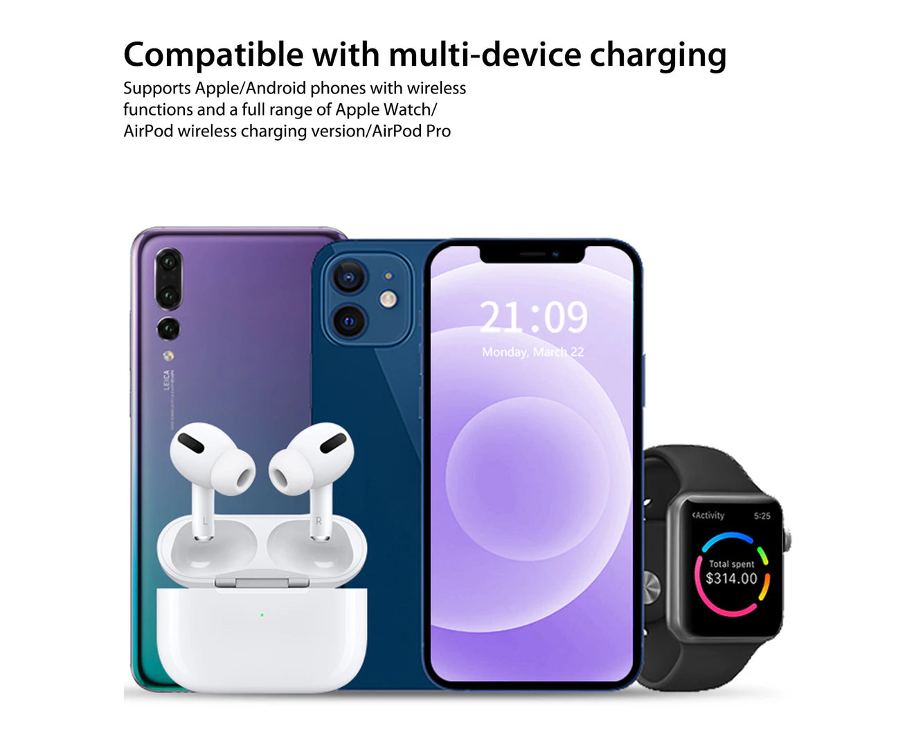 3 in 1 Wireless Charger Foldable Charging Station for Apple Iphone Series 15/14/13/12/11/XR/XS & Watch 9/8/7/6/5/SE/4/3 & Airpods Pro/3/2 - Black