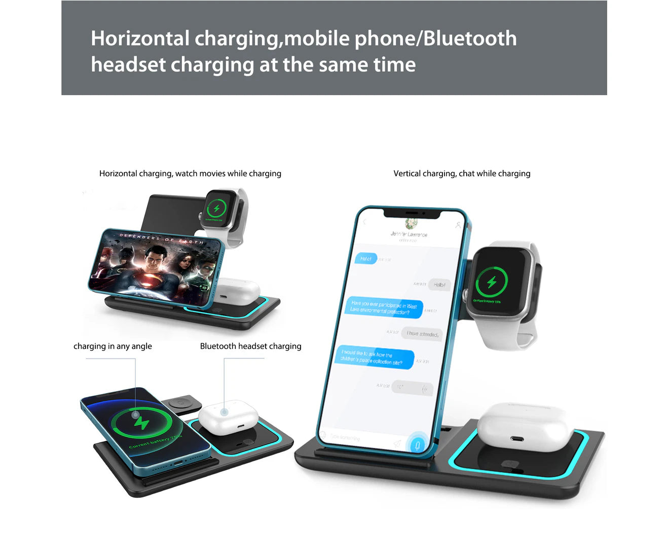 3 in 1 Wireless Charger Foldable Charging Station for Apple Iphone Series 15/14/13/12/11/XR/XS & Watch 9/8/7/6/5/SE/4/3 & Airpods Pro/3/2 - Black