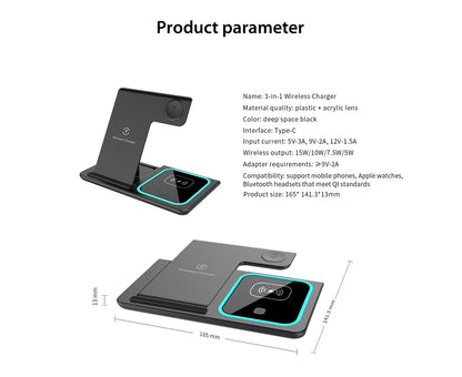 3 in 1 Wireless Charger Foldable Charging Station for Apple Iphone Series 15/14/13/12/11/XR/XS & Watch 9/8/7/6/5/SE/4/3 & Airpods Pro/3/2 - Black