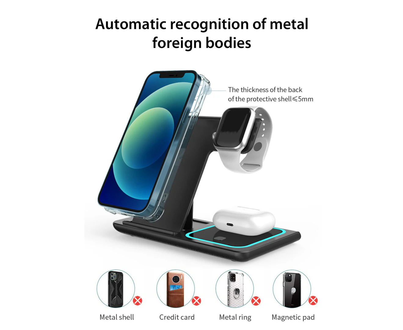 3 in 1 Wireless Charger Foldable Charging Station for Apple Iphone Series 15/14/13/12/11/XR/XS & Watch 9/8/7/6/5/SE/4/3 & Airpods Pro/3/2 - Black