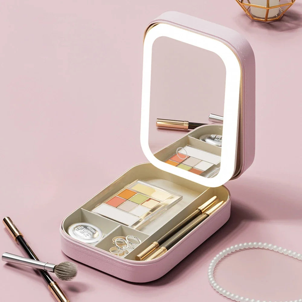 LED Mirror Makeup Storage Box Portable Travel Makeup Case Cosmetic Bag Large-Capacity Make up Storage Box Makeup Accessories