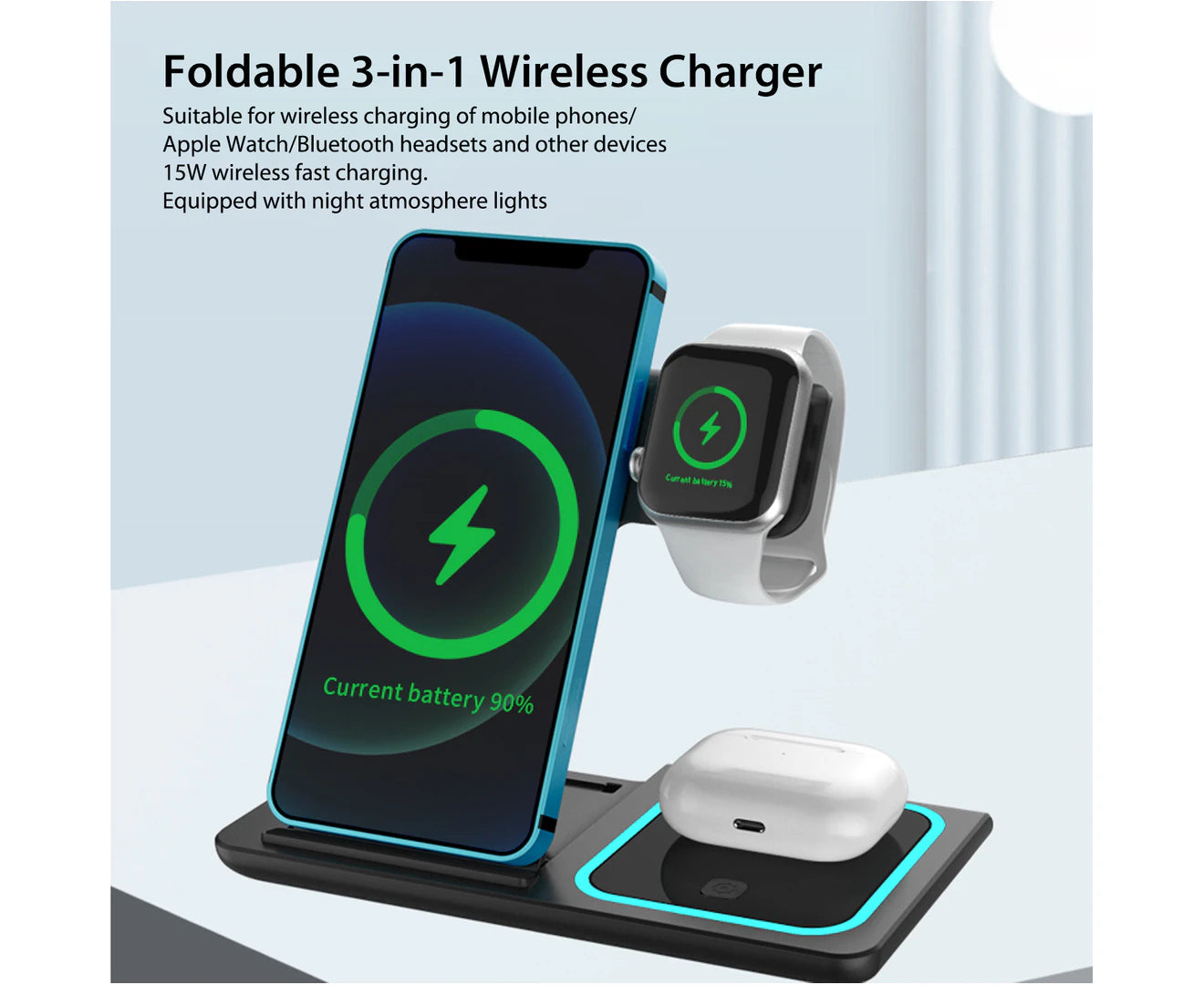 3 in 1 Wireless Charger Foldable Charging Station for Apple Iphone Series 15/14/13/12/11/XR/XS & Watch 9/8/7/6/5/SE/4/3 & Airpods Pro/3/2 - Black