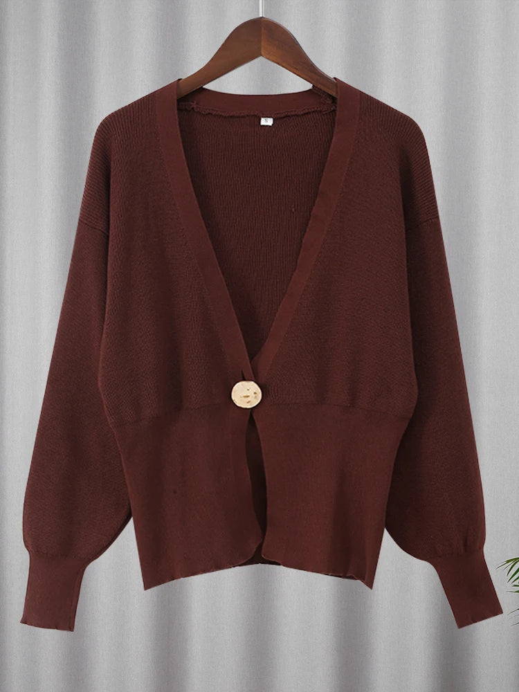 Chic Solid Button Knitted Cardigan Women Casual Deep V Neck Long Sleeve Slim Warm Sweater Autumn New Lady Fashion Kintwear Top