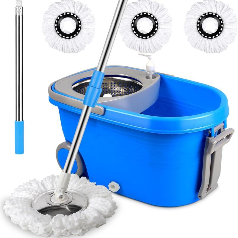 Colorful 360 Spin Mop Bucket Set Wringer System with 3 Microfiber Refills and Stainless Steel Extendable Pole - Plastic Bucket