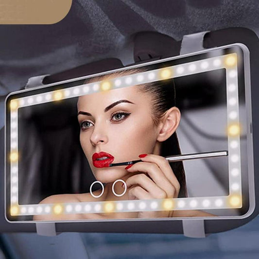 Car LED Makeup Mirror, Car Interior Mirror, 3-Color Touch Light Car Rearview Mirror, Car Visor Tool, Multifunctional Car Mirror for Women, Caro Light