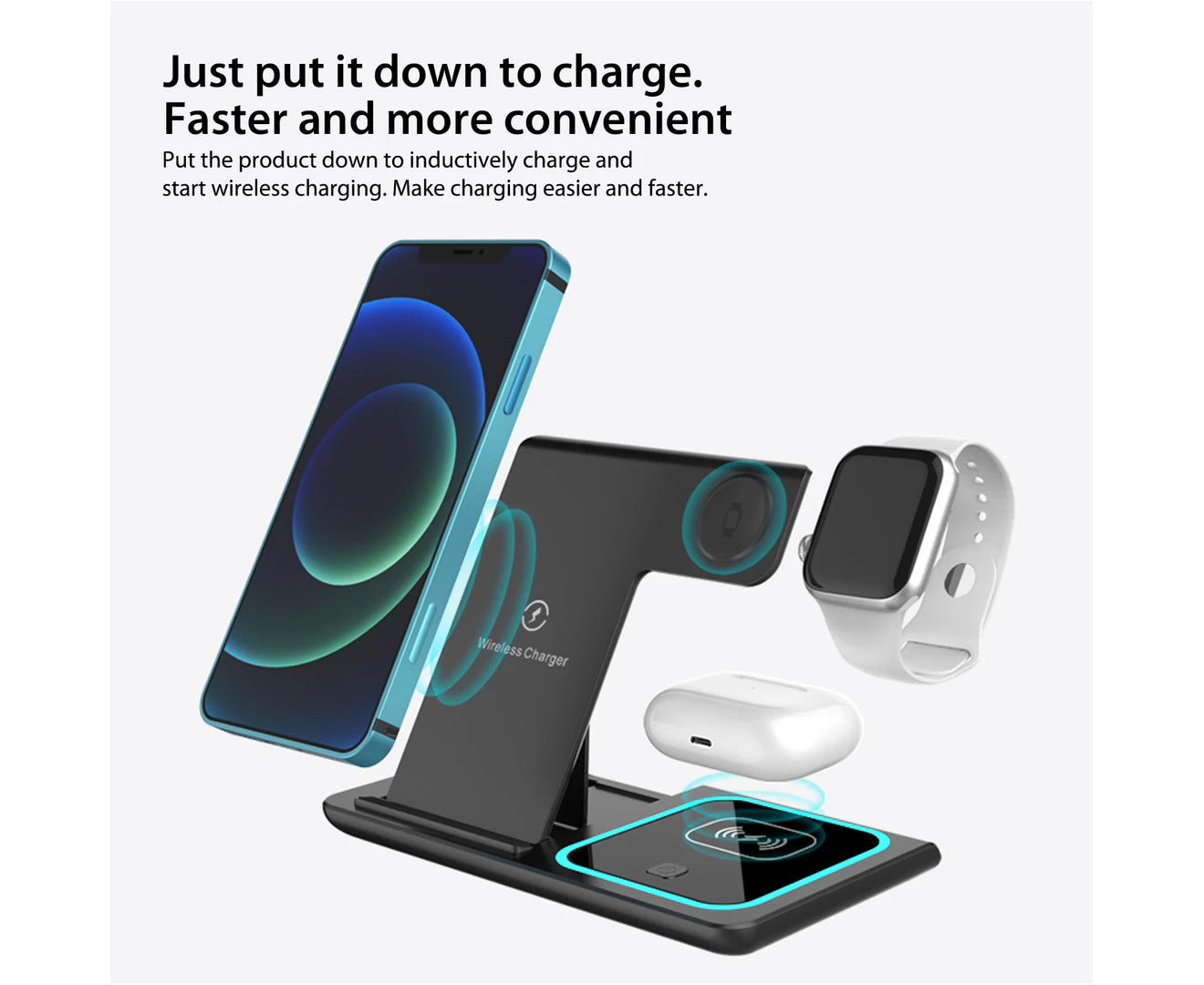 3 in 1 Wireless Charger Foldable Charging Station for Apple Iphone Series 15/14/13/12/11/XR/XS & Watch 9/8/7/6/5/SE/4/3 & Airpods Pro/3/2 - Black