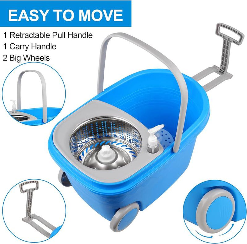 Colorful 360 Spin Mop Bucket Set Wringer System with 3 Microfiber Refills and Stainless Steel Extendable Pole - Plastic Bucket