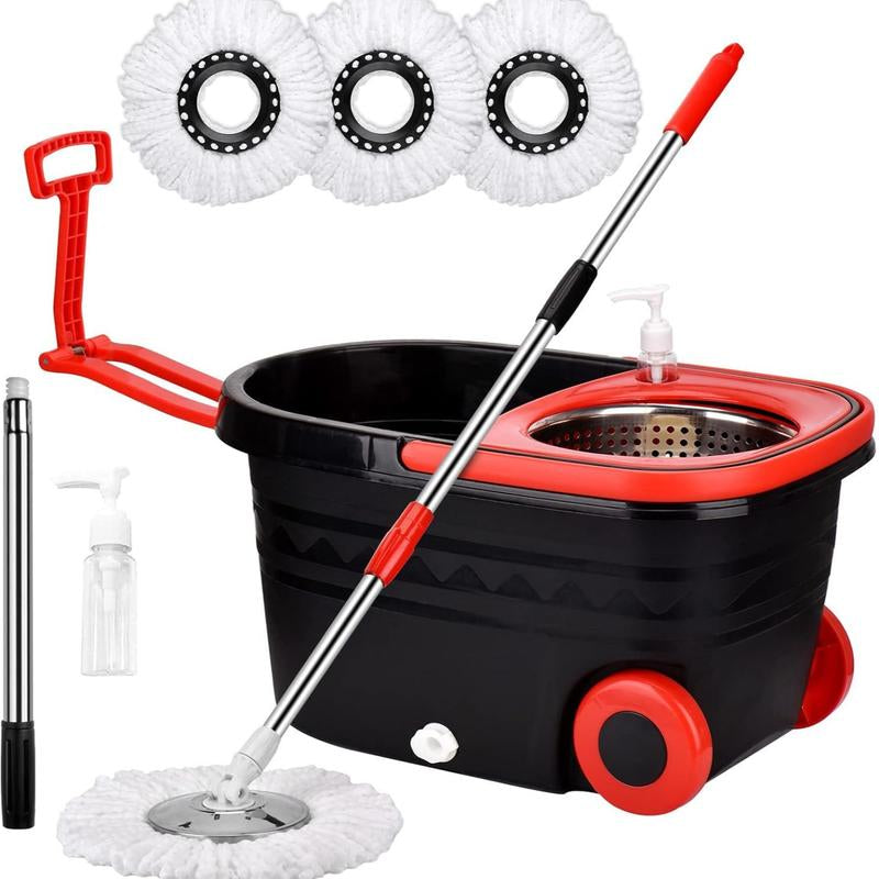 Colorful 360 Spin Mop Bucket Set Wringer System with 3 Microfiber Refills and Stainless Steel Extendable Pole - Plastic Bucket